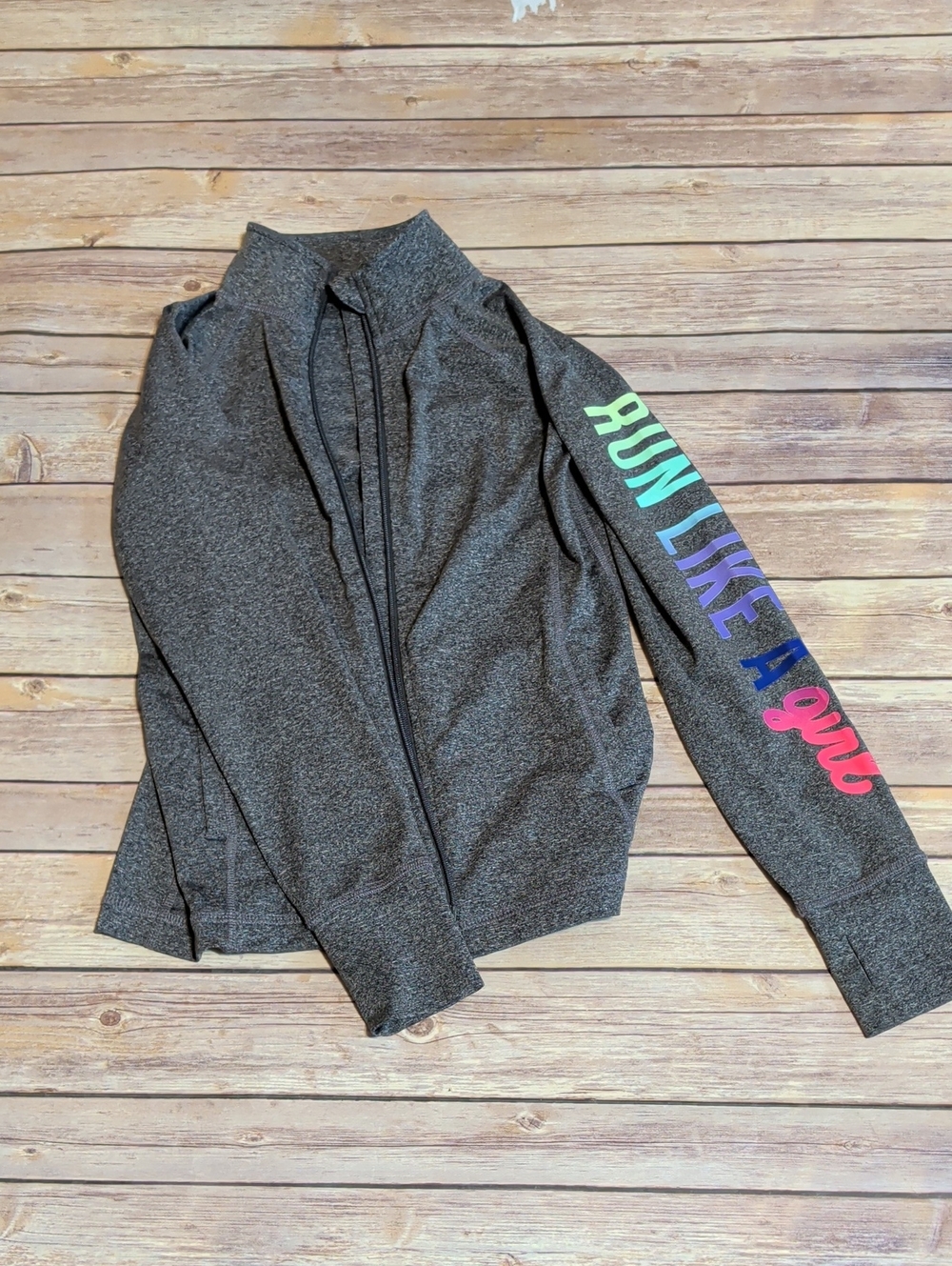 Girls Heather Charcoal Zip-Up Jacket with Colorful 'Run Like a Girl' Sleeve